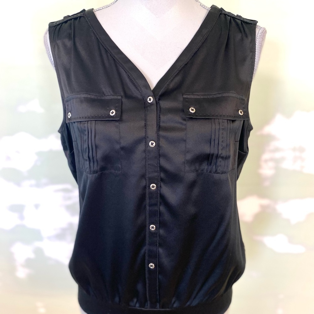 WHBM Size 10 Black Silk Stretch Button Front Sleeveless Top